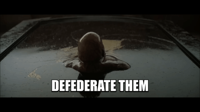 Clip from dune, in which Baron Harkonnen gives the order "kill them all" and then slumps back into his vat of slime.  Overlaid is the message "defederate them".