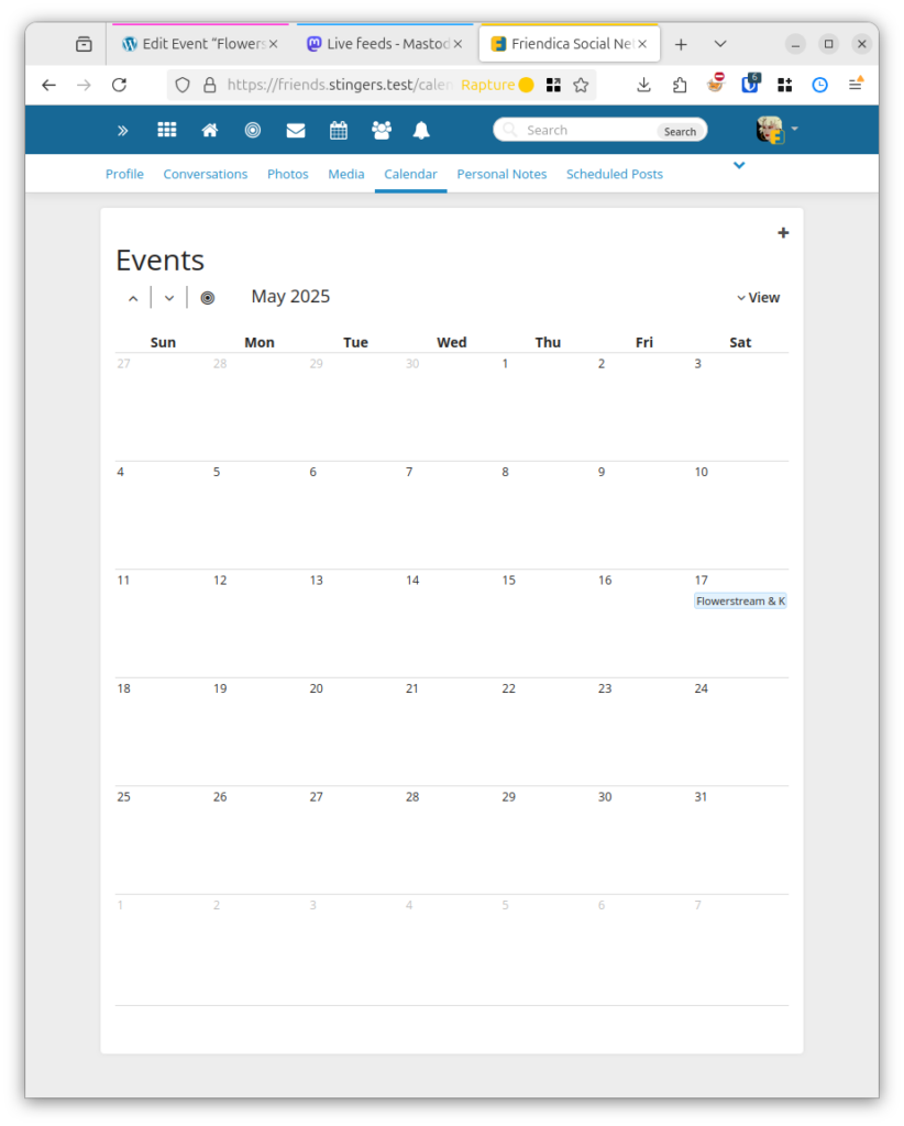 Screenshot of Friendica's calendar view for May 2025.  In the box for the 17th, a small bar is labelled "Flowerstream & Kaishandao".  We can see that Rapture is still logged in.